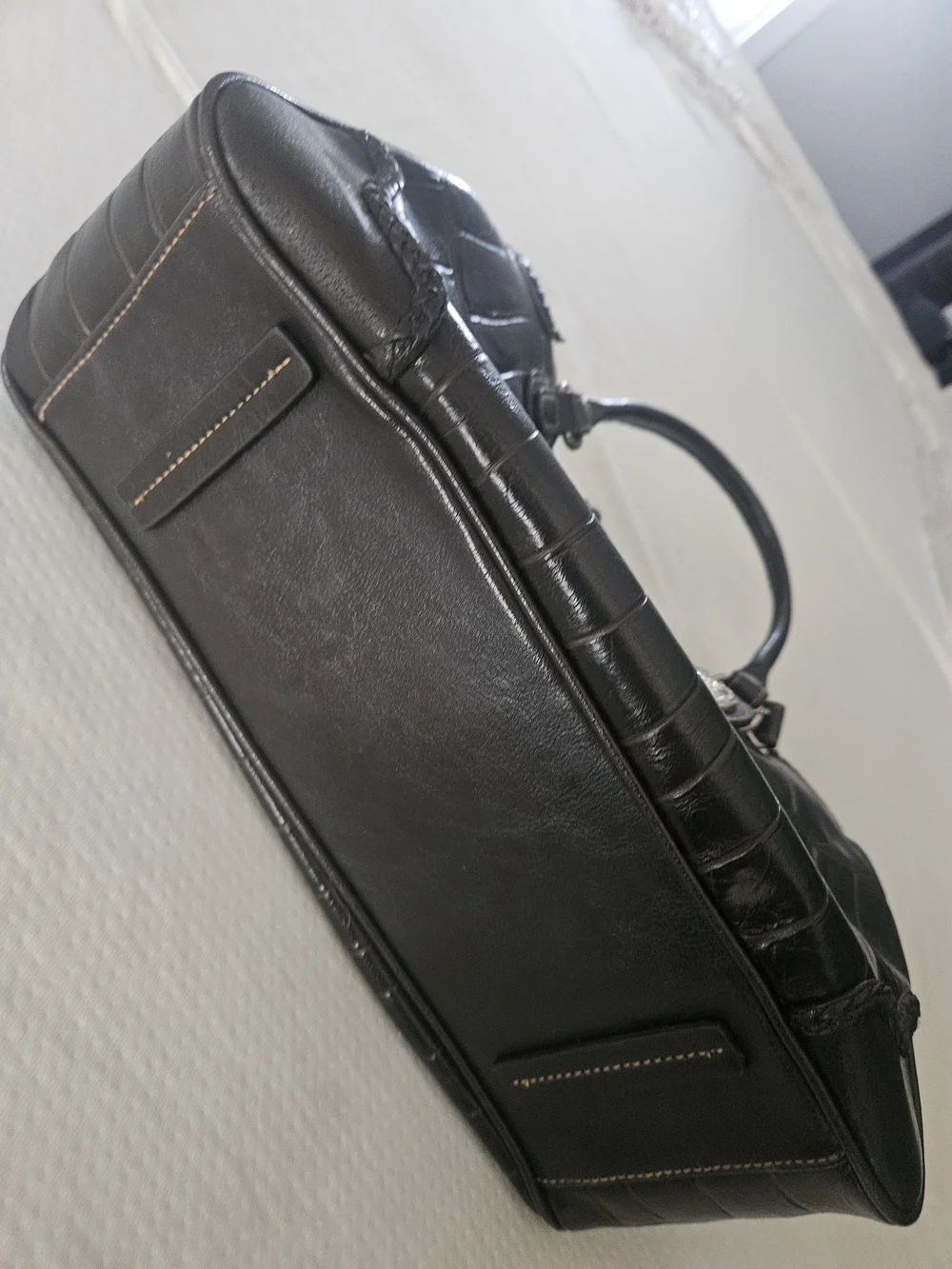 Black Croc-Embossed Leather Top-Handle Bag